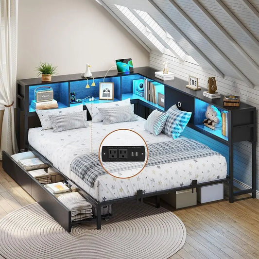 Platform Bed with Bookcase and Led Lights