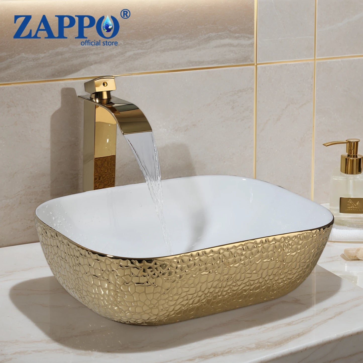 Gold & White Ceramic Vessel Above-Counter Sink