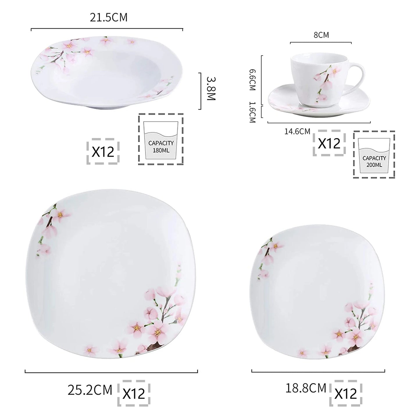 White Ceramic Pink Floral Porcelain Dinnerware