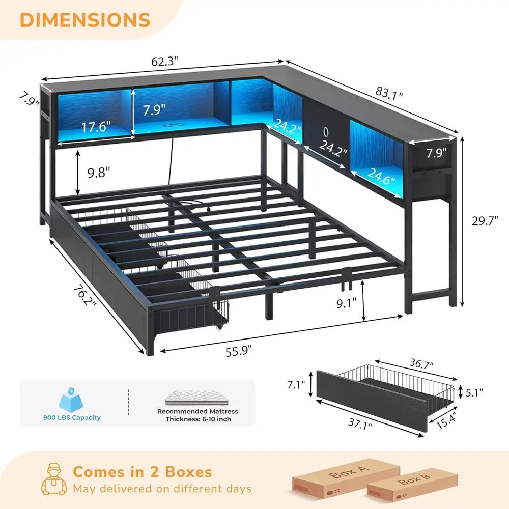 Platform Bed with Bookcase and Led Lights