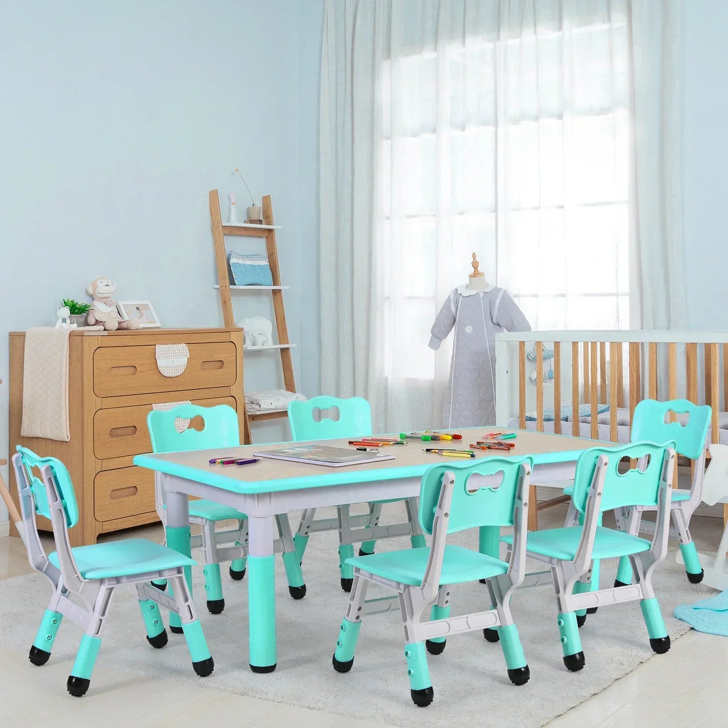 Homfa Rectangle Kids Table with 6 Chairs Set, Height Adjustable Toddler Multi Activity Table Set, Arts&Crafts Desk for 2-10 old