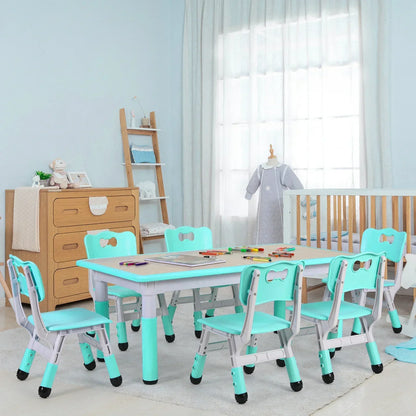 Homfa Rectangle Kids Table with 6 Chairs Set, Height Adjustable Toddler Multi Activity Table Set, Arts&Crafts Desk for 2-10 old