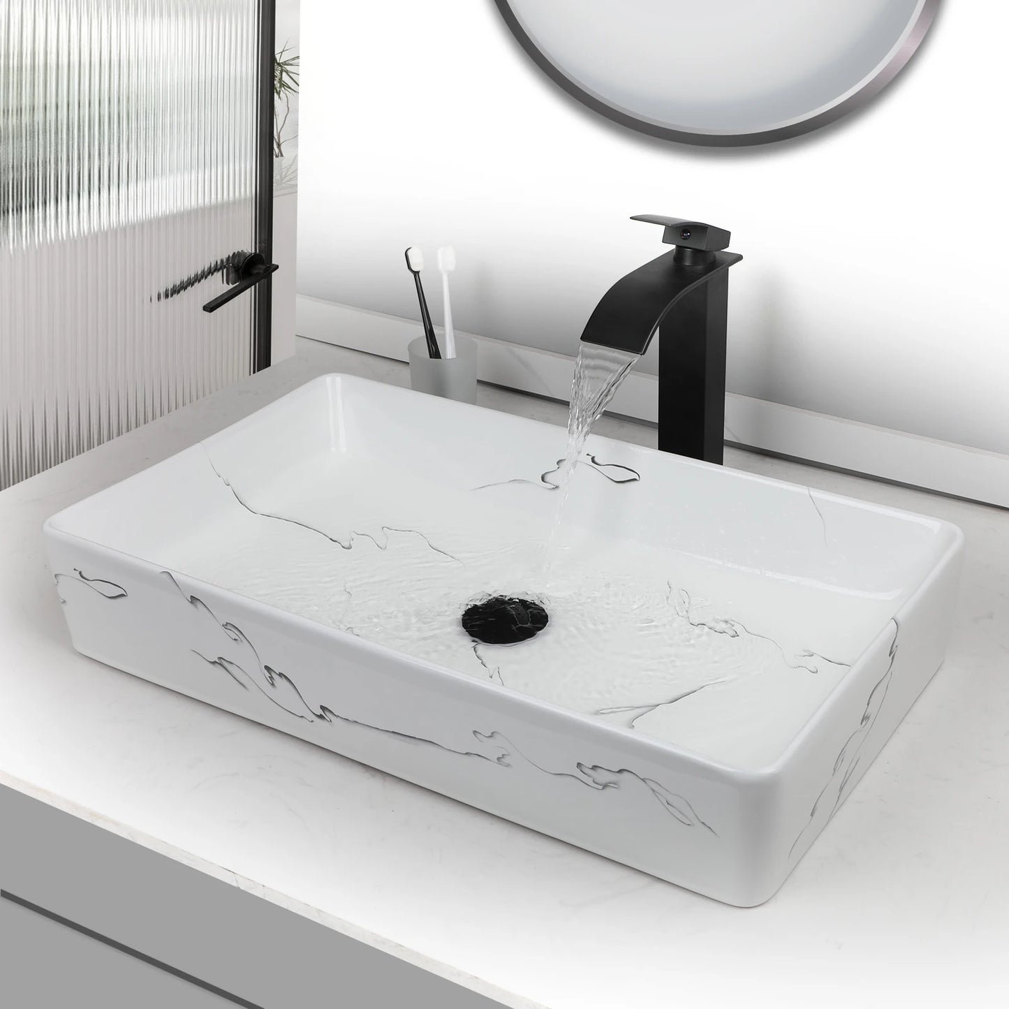 Black Rectangle Marble Bathroom Vessel Sink