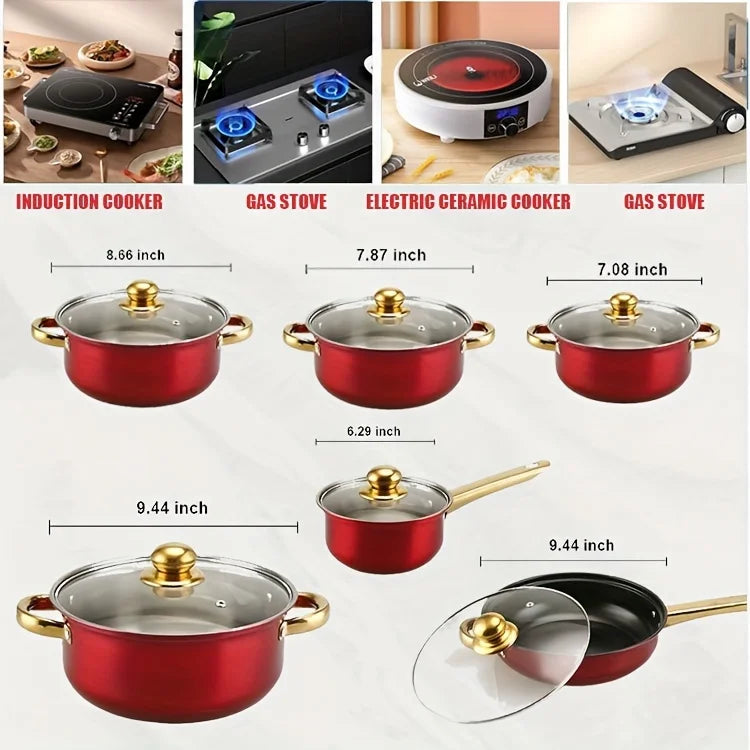 Red Cookware Set, 12-Piece ,Stainless, Non-Stick