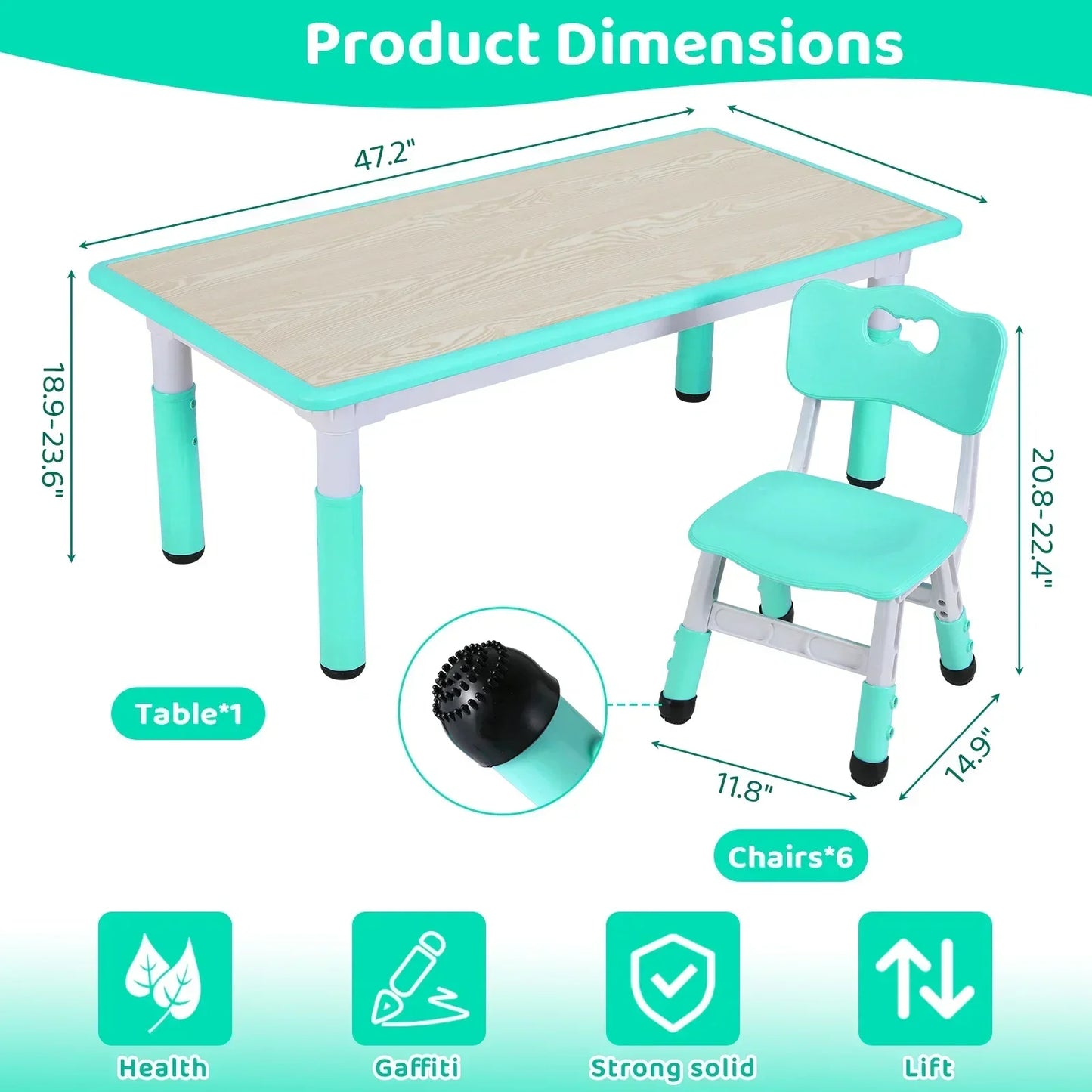Homfa Rectangle Kids Table with 6 Chairs Set, Height Adjustable Toddler Multi Activity Table Set, Arts&Crafts Desk for 2-10 old