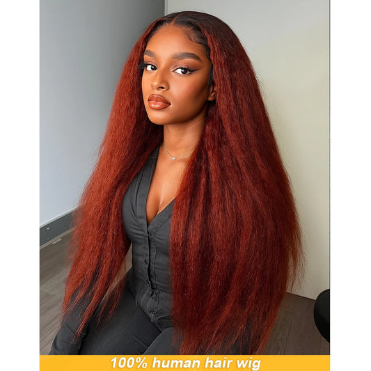 Reddish brown Kinky Straight Human Hair Wig