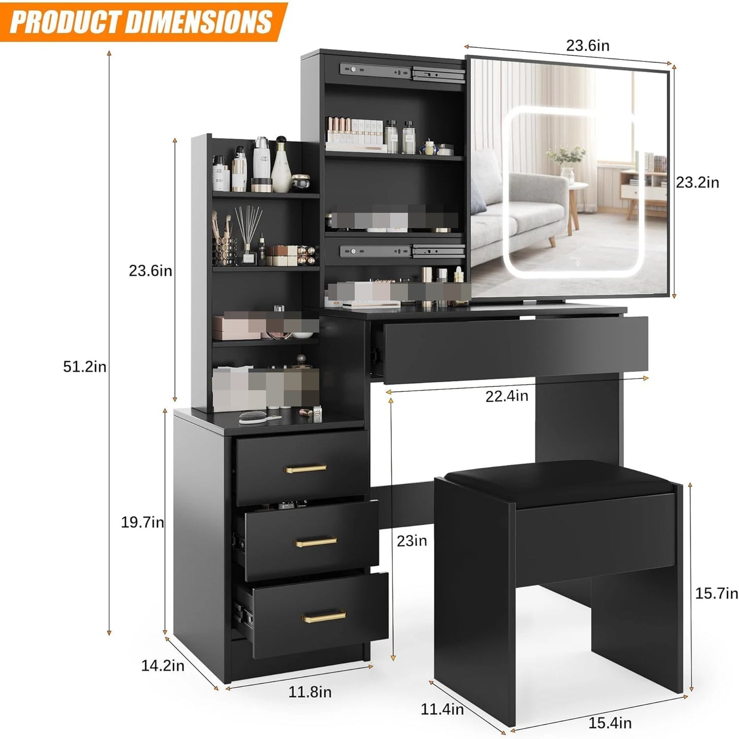 Makeup Vanity Desk with Sliding Lighted Mirror