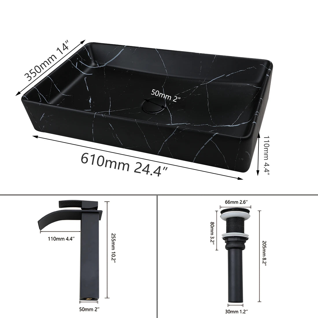 Black Rectangle Marble Bathroom Vessel Sink