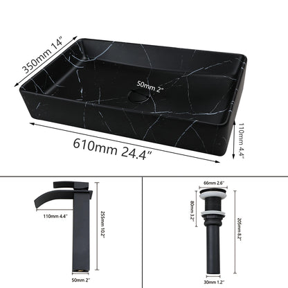 Black Rectangle Marble Bathroom Vessel Sink