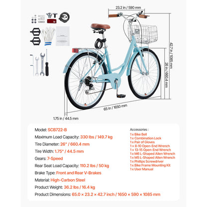 24/26" Beach Cruiser Bike with Basket