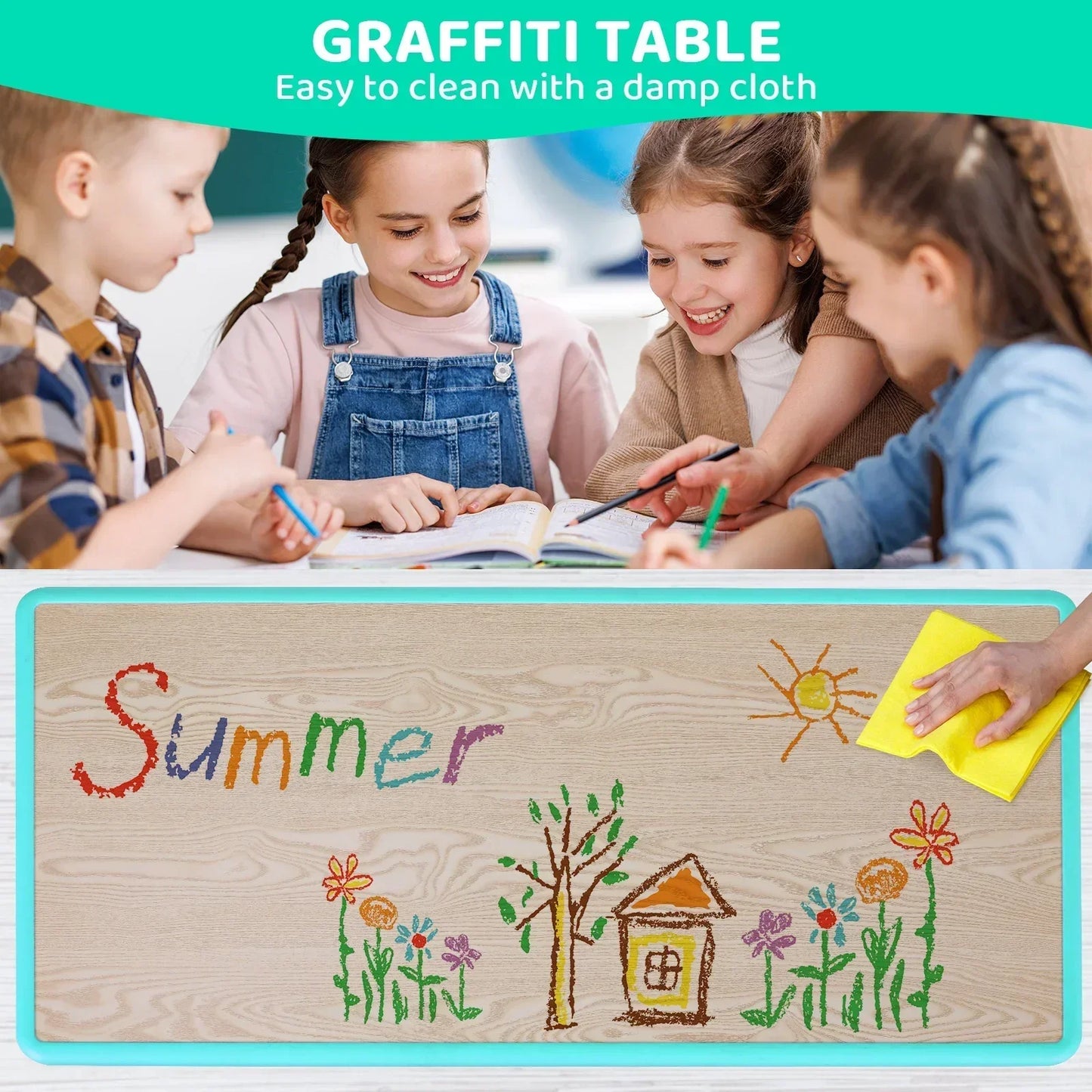 Homfa Rectangle Kids Table with 6 Chairs Set, Height Adjustable Toddler Multi Activity Table Set, Arts&Crafts Desk for 2-10 old