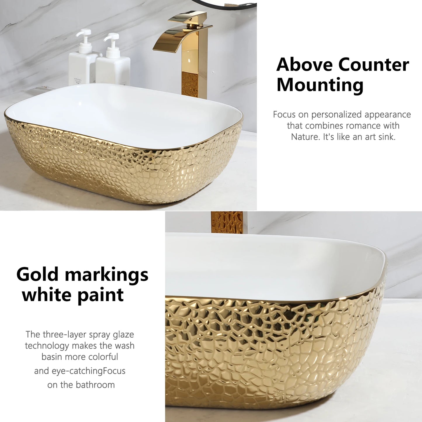 Gold & White Ceramic Vessel Above-Counter Sink