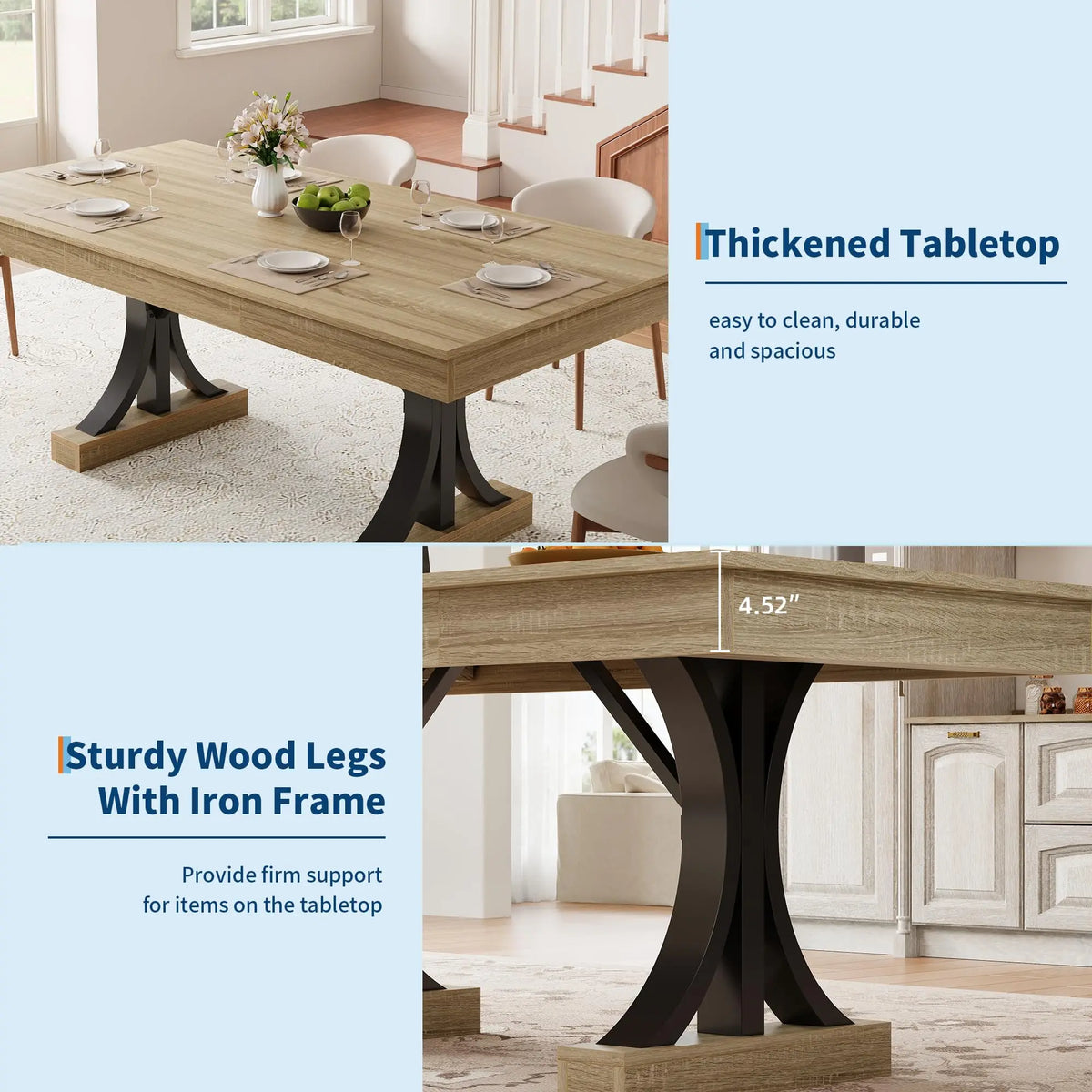 Wooden Kitchen Table, Double Pedestal Base