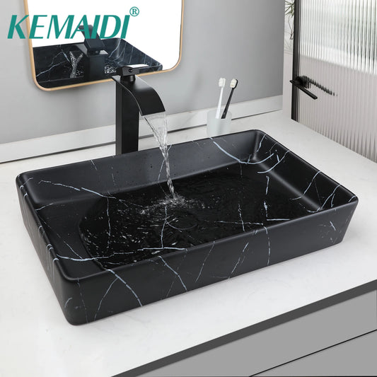 Black Rectangle Marble Bathroom Vessel Sink