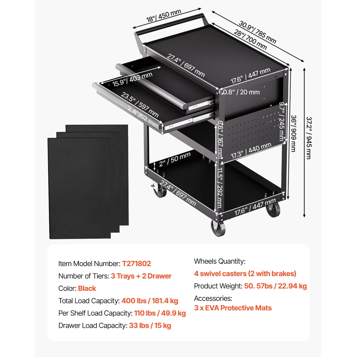2-Drawer Rolling Tool Work Cart