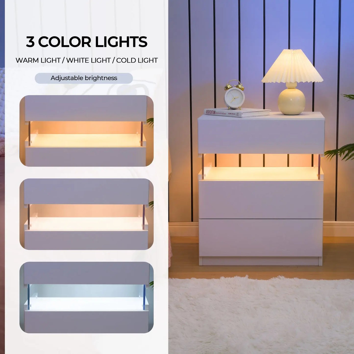 2 Set Bedside Tables with LED Lighting