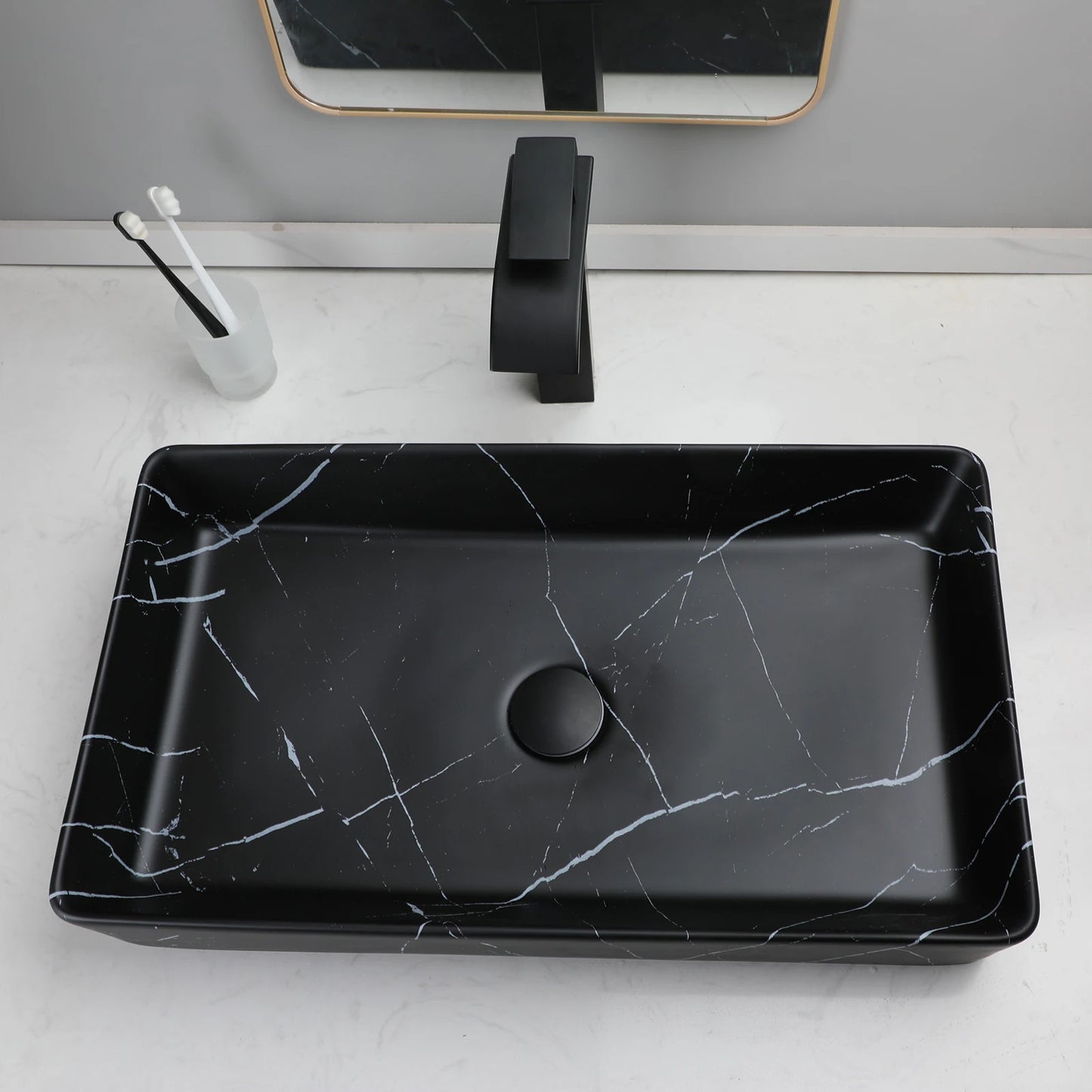 Black Rectangle Marble Bathroom Vessel Sink