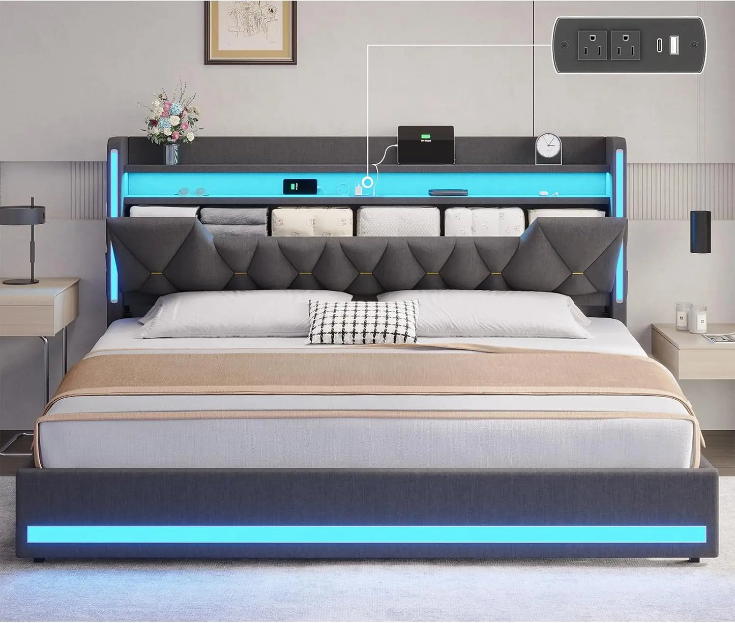 LED King Bed Frame with Storage