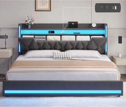 LED King Bed Frame with Storage