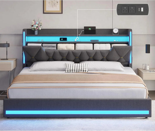 LED King Bed Frame with Storage